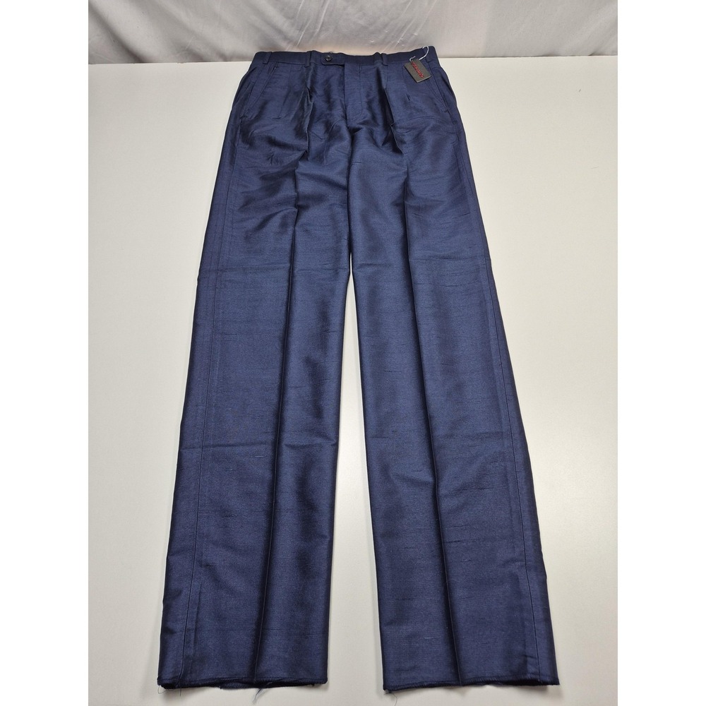 Feldini Dress Pants Mens 34x37 Blue Silk Pleated Straight Lined Unhemmed NWT